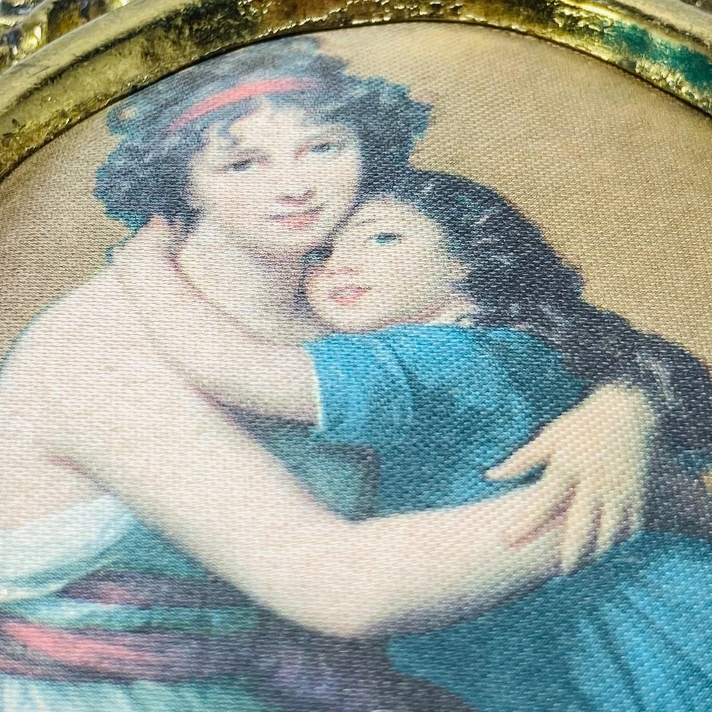 Vintage Mother and‎ Daughter on Silk Padded in Bronze Brass Wall Hanging Frame